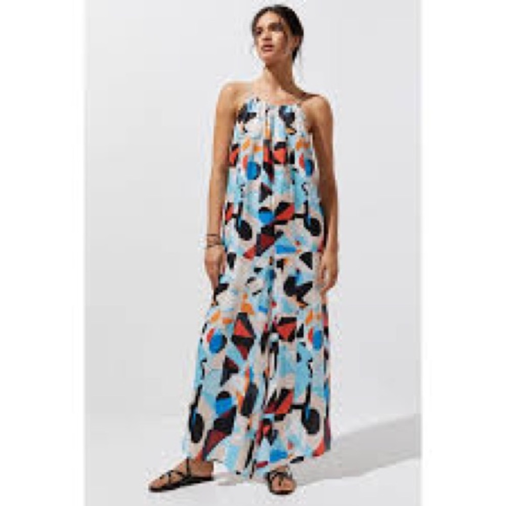 Anthropologie Blue and Black Halter Maxi Sundress